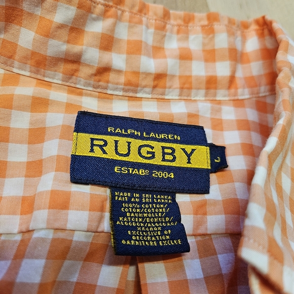 Ralph Lauren RUGBY Button Down Shirt Mens L Orange White Checked 100% Cotton - Picture 3 of 8